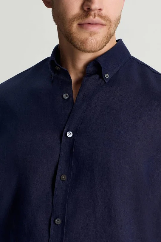 Hemington - Düğmeli Yaka Saf Keten Koyu Lacivert Gömlek (3)