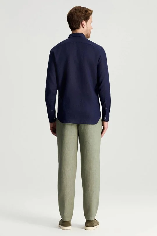 Hemington - Düğmeli Yaka Saf Keten Koyu Lacivert Gömlek (4)