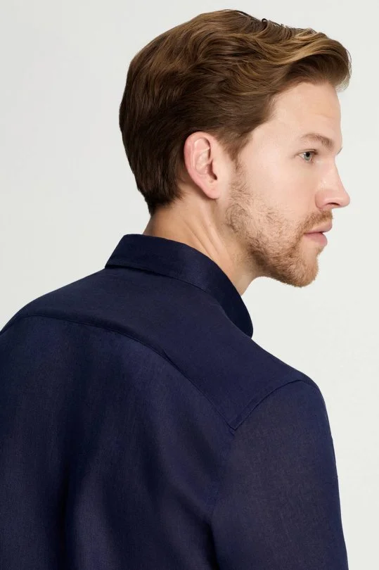 Hemington - Düğmeli Yaka Saf Keten Koyu Lacivert Gömlek (5)