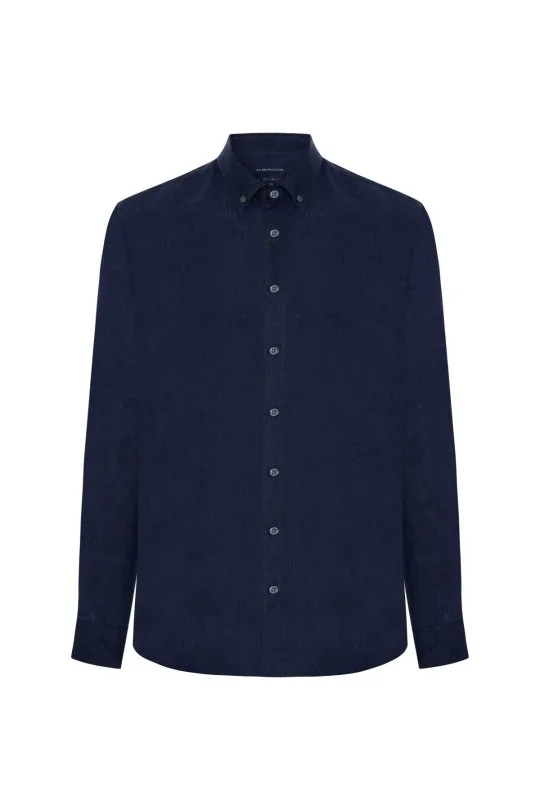 Hemington - Düğmeli Yaka Saf Keten Koyu Lacivert Gömlek (6)