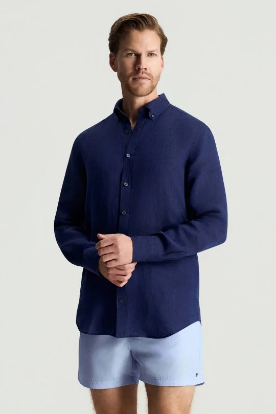 Hemington - Düğmeli Yaka Saf Keten Lacivert Gömlek (1)