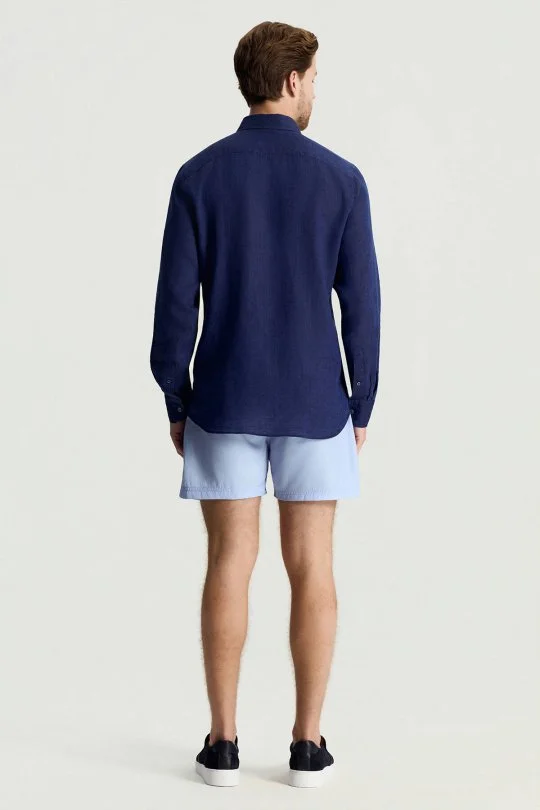Hemington - Düğmeli Yaka Saf Keten Lacivert Gömlek (5)