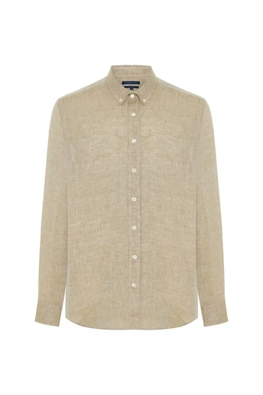 Hemington - Düğmeli Yaka Saf Keten Taş Rengi Gömlek (6)