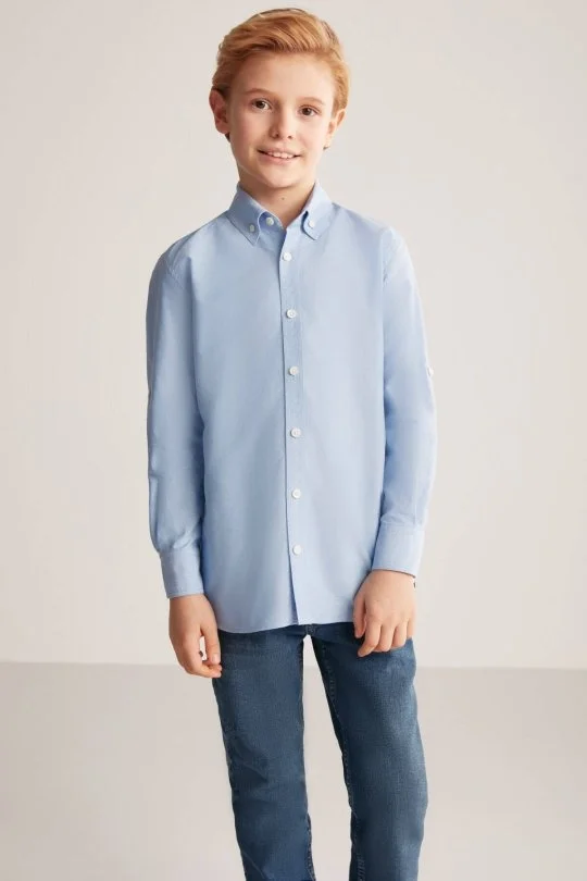 Hemington - Düğmeli Yaka Saf Pamuk Açık Mavi Çocuk Gömlek