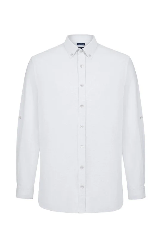 Düğmeli Yaka Saf Pamuk Beyaz Gömlek