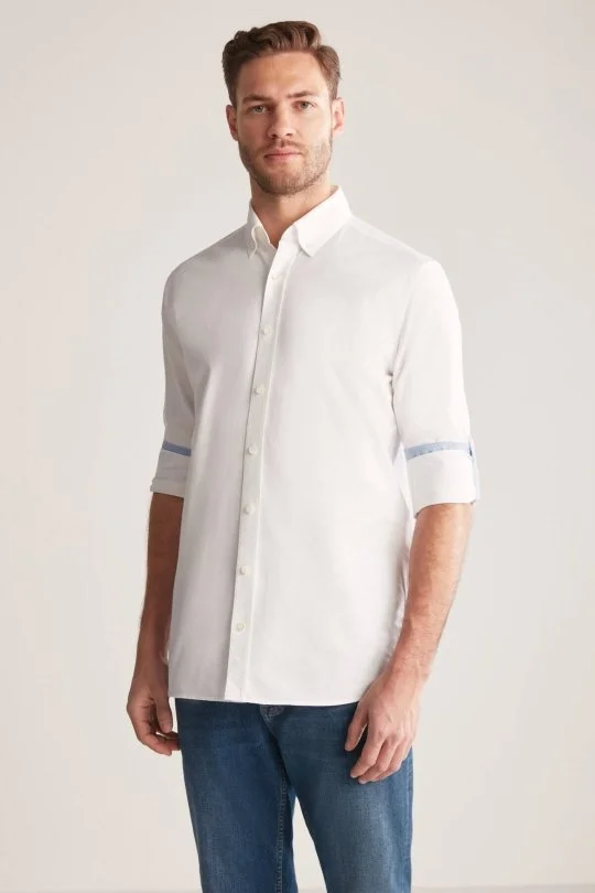 Hemington - Düğmeli Yaka Saf Pamuk Beyaz Gömlek