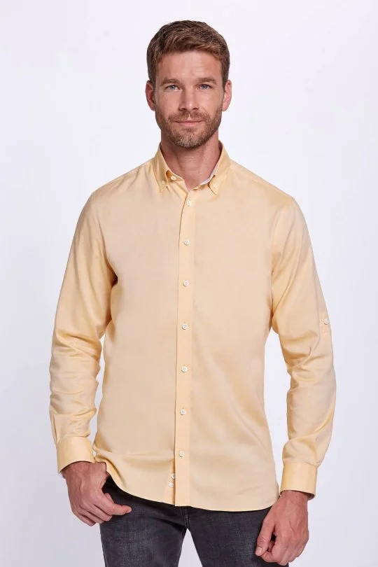 Hemington - Düğmeli Yaka Sarı Saf Pamuk Gömlek
