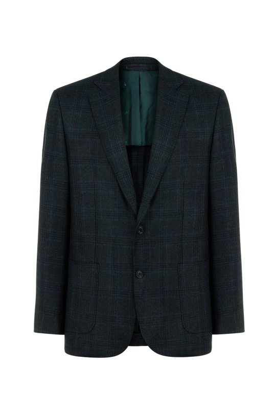 Ekose Desen Koyu Yeşil Saf Yün Ceket