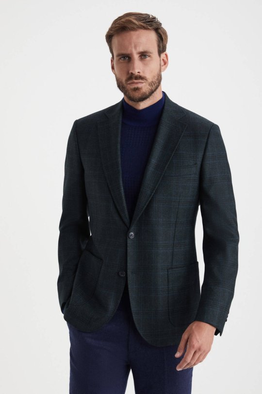 Ekose Desen Koyu Yeşil Saf Yün Ceket