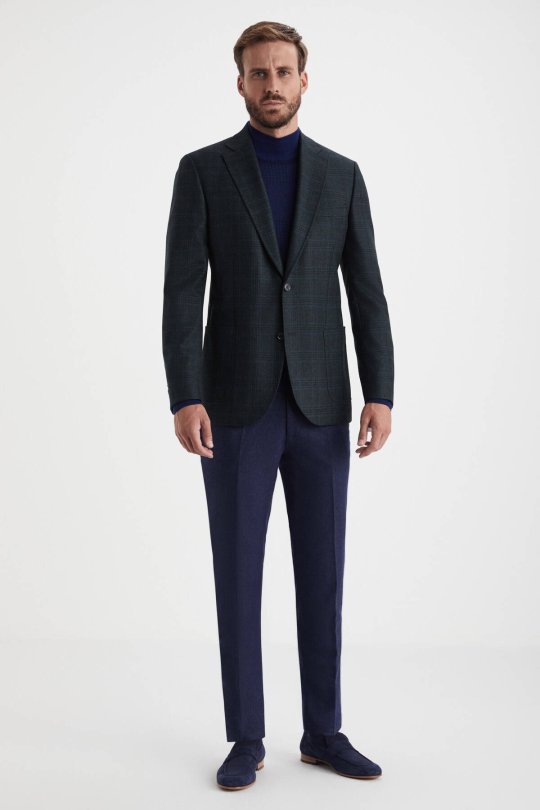 Ekose Desen Koyu Yeşil Saf Yün Ceket