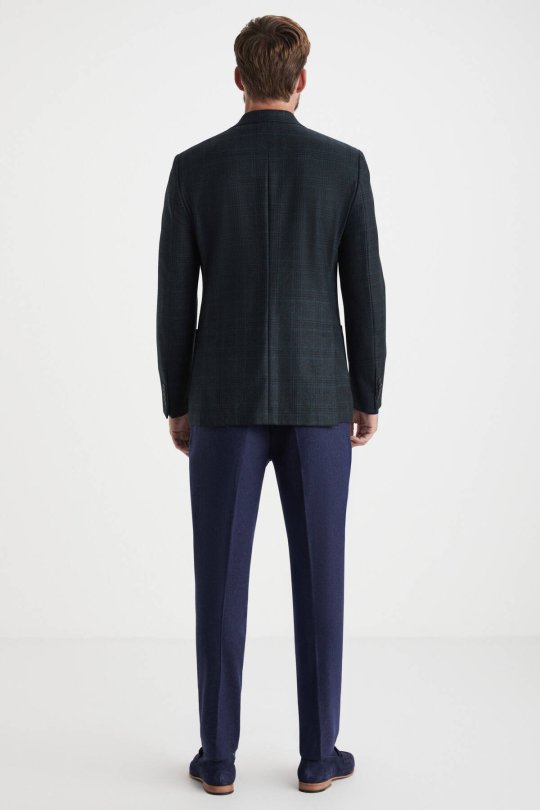 Ekose Desen Koyu Yeşil Saf Yün Ceket