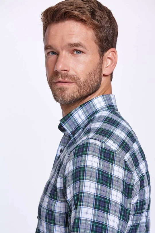 Ekose Desen Pamuk Yeşil Gömlek