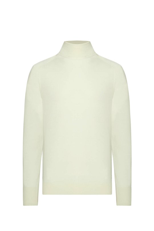 Ekru Boğazlı Slim Fit Merino Yün Triko