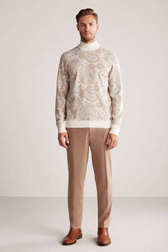 Paisley Desen Extrafine Merino Yarım Balıkçı Yaka Ekru Triko