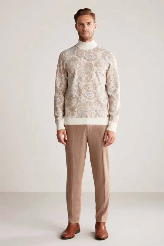 Hemington - Paisley Desen Extrafine Merino Yarım Balıkçı Yaka Ekru Triko (4)