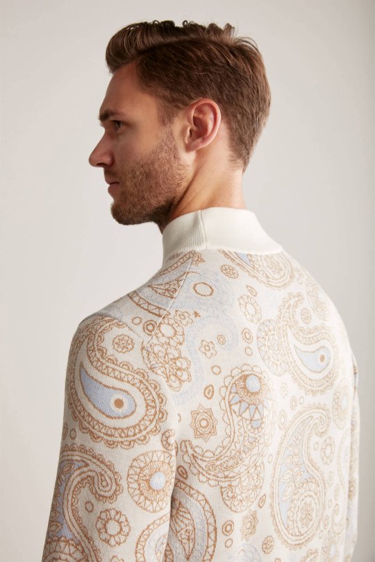 Paisley Desen Extrafine Merino Yarım Balıkçı Yaka Ekru Triko