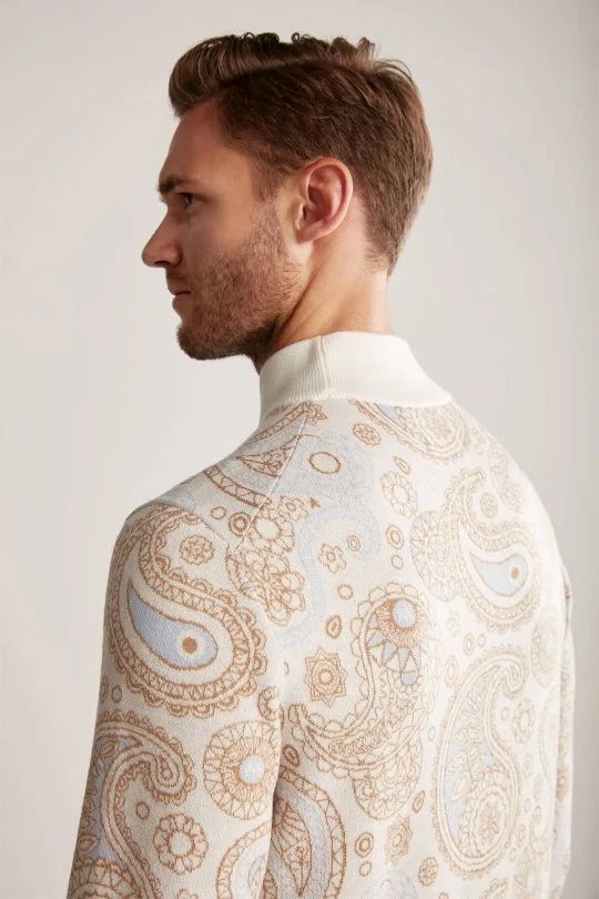 Hemington - Paisley Desen Extrafine Merino Yarım Balıkçı Yaka Ekru Triko (3)