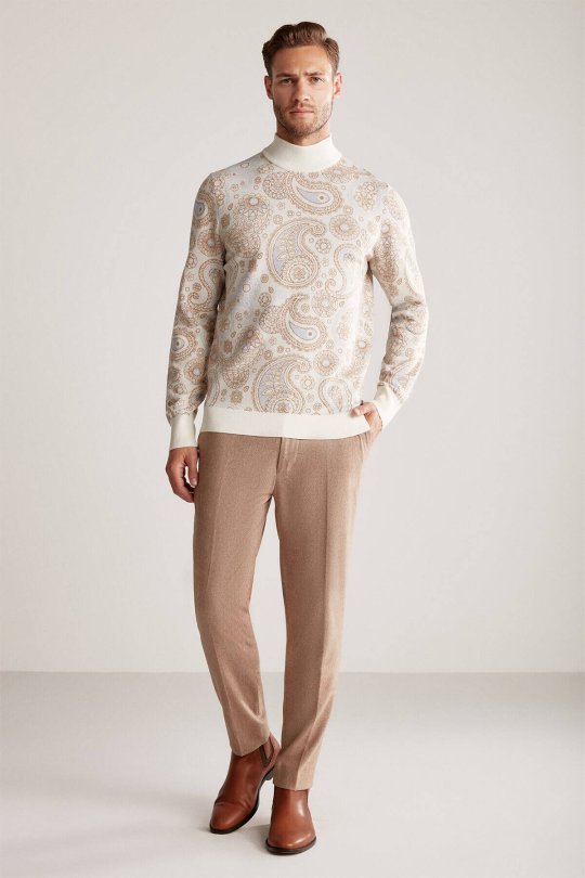 Paisley Desen Extrafine Merino Yarım Balıkçı Yaka Ekru Triko