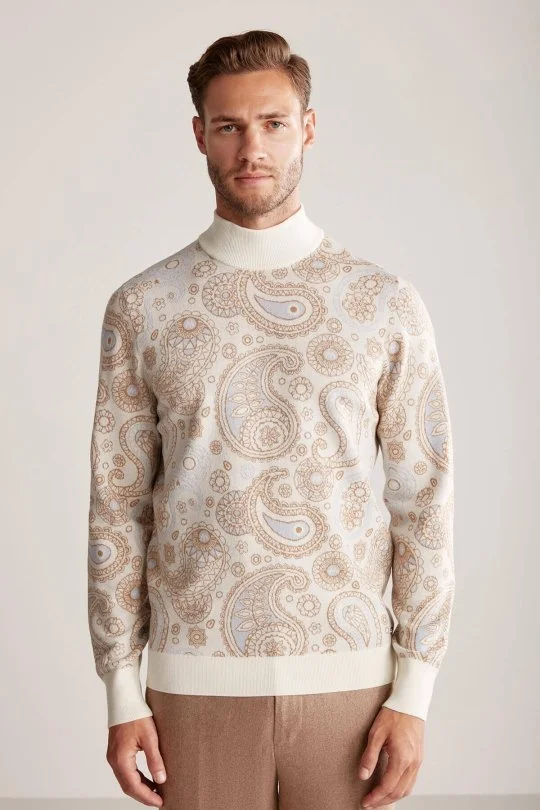 Hemington - Paisley Desen Extrafine Merino Yarım Balıkçı Yaka Ekru Triko (2)