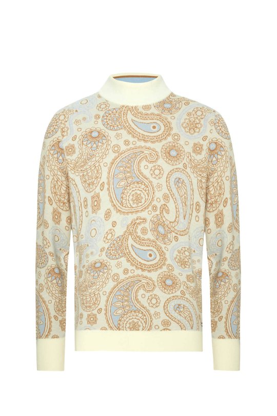 Paisley Desen Extrafine Merino Yarım Balıkçı Yaka Ekru Triko