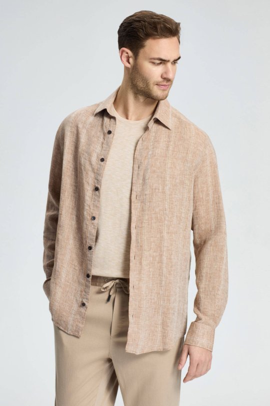 Etnik Desen Saf Keten Camel Gömlek