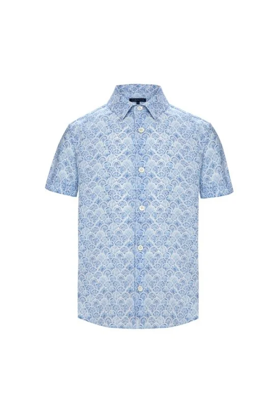 Hemington - Etnik Desen Gök Mavisi Kısa Kollu Tencel Çocuk Gömlek