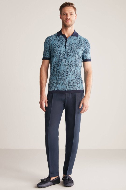 Etnik Desen Lacivert-Mavi Merserize Pamuk Triko Polo