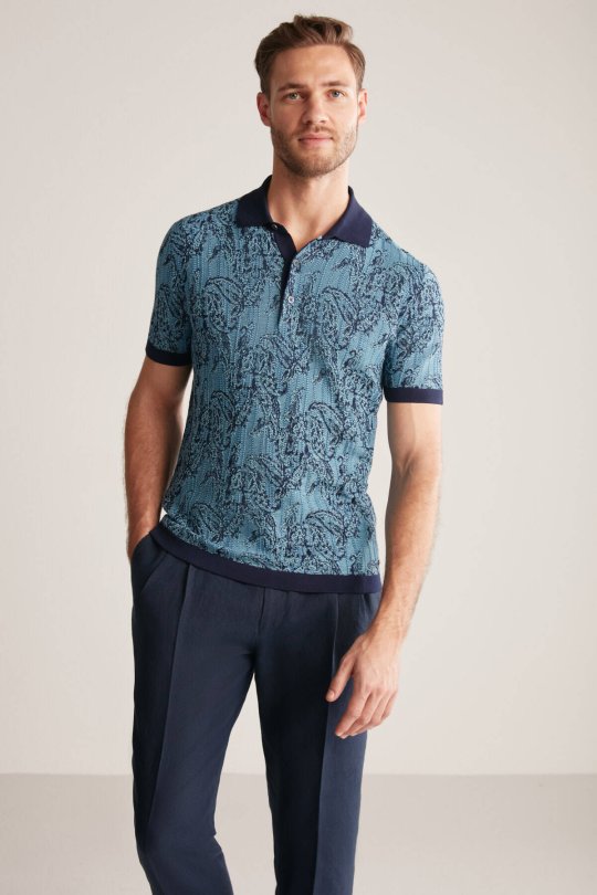 Etnik Desen Lacivert-Mavi Merserize Pamuk Triko Polo