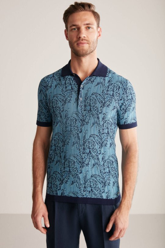 Etnik Desen Lacivert-Mavi Merserize Pamuk Triko Polo
