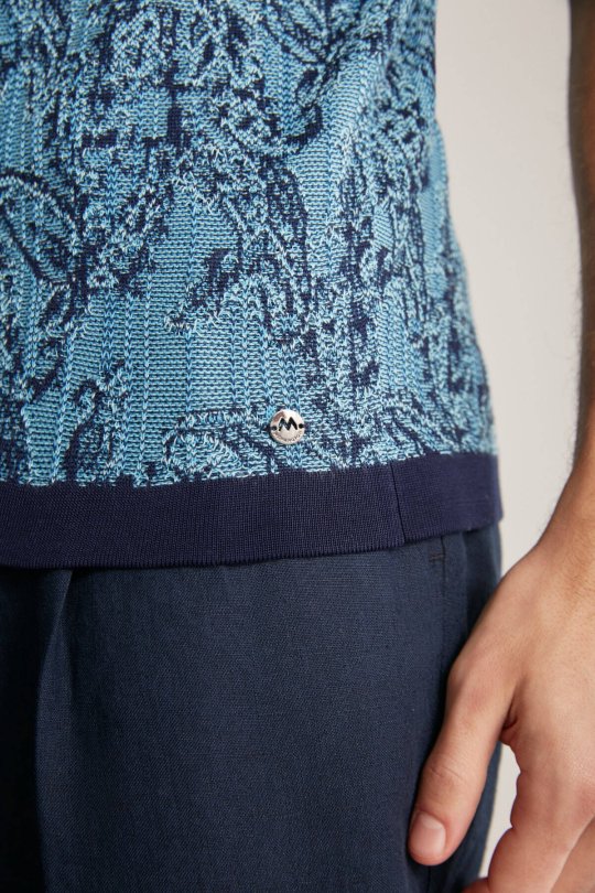 Etnik Desen Lacivert-Mavi Merserize Pamuk Triko Polo