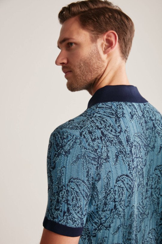 Etnik Desen Lacivert-Mavi Merserize Pamuk Triko Polo