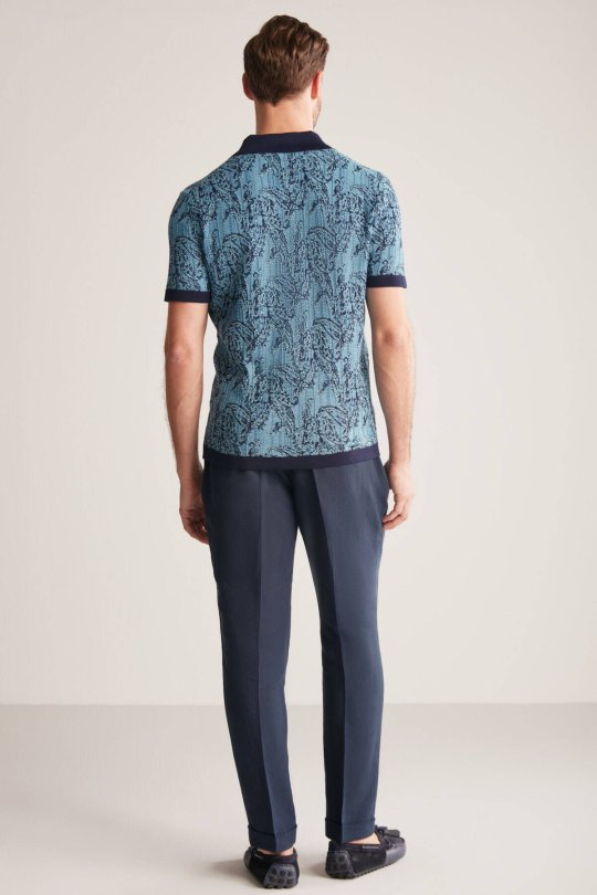 Etnik Desen Lacivert-Mavi Merserize Pamuk Triko Polo