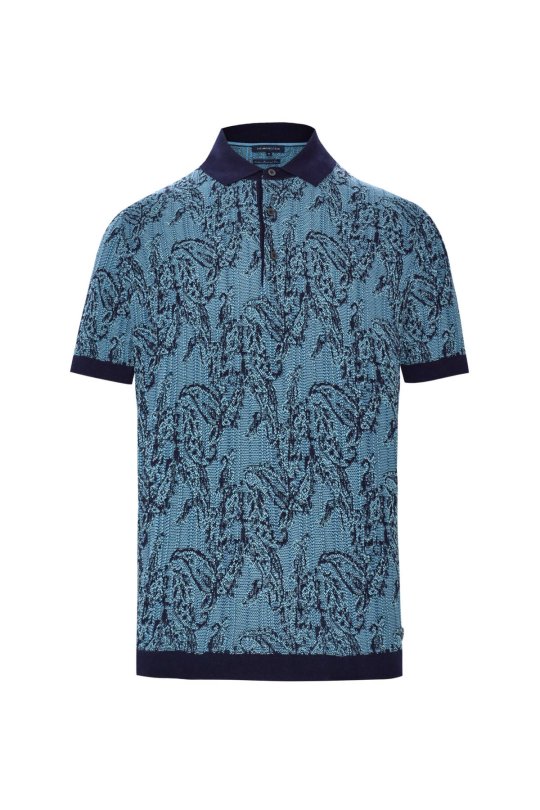 Etnik Desen Lacivert-Mavi Merserize Pamuk Triko Polo