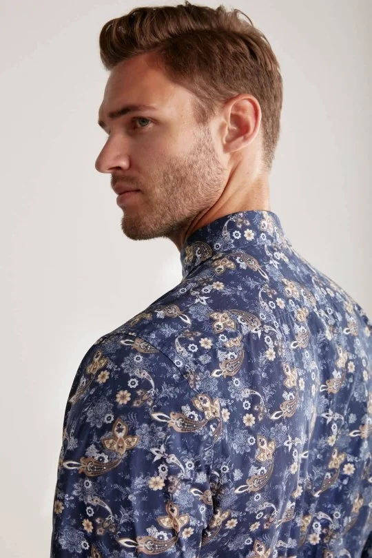 Hemington - Etnik Desen Gizli Düğme Lacivert Saf Pamuk Gömlek (1)