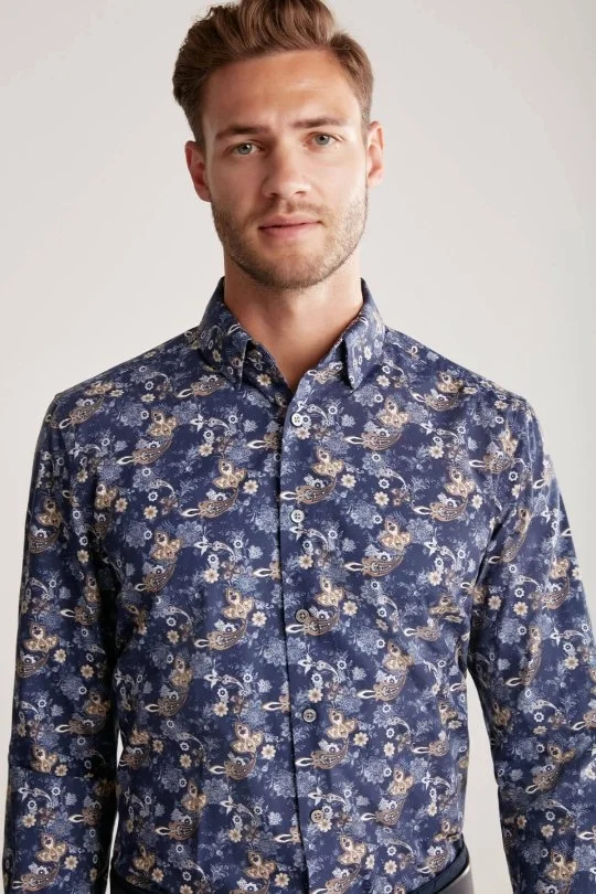 Hemington - Etnik Desen Gizli Düğme Lacivert Saf Pamuk Gömlek (2)