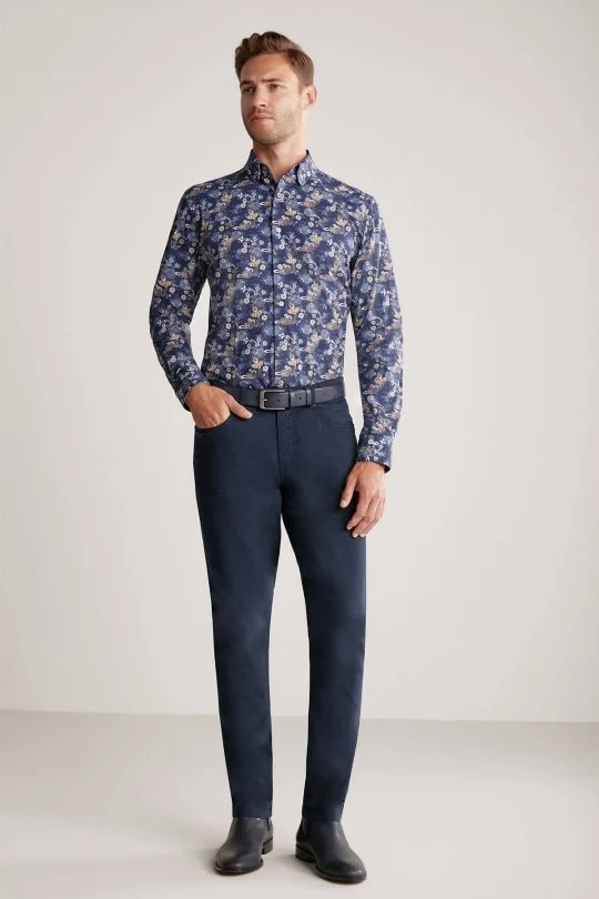 Hemington - Etnik Desen Gizli Düğme Lacivert Saf Pamuk Gömlek (3)