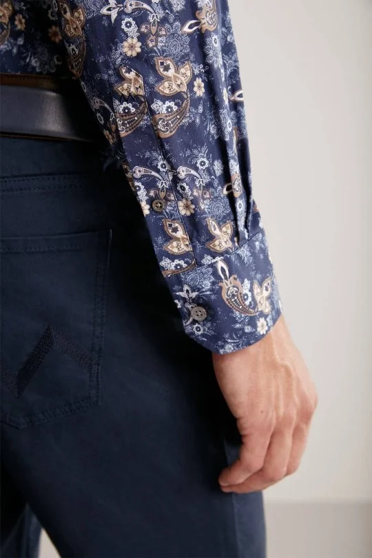 Hemington - Etnik Desen Gizli Düğme Lacivert Saf Pamuk Gömlek (5)