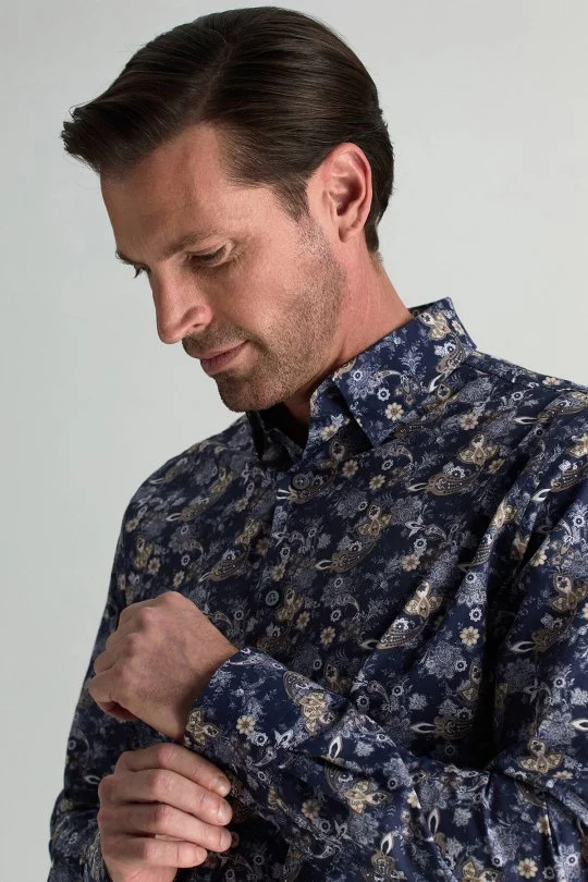 Hemington - Etnik Desen Gizli Düğme Lacivert Saf Pamuk Gömlek (2)