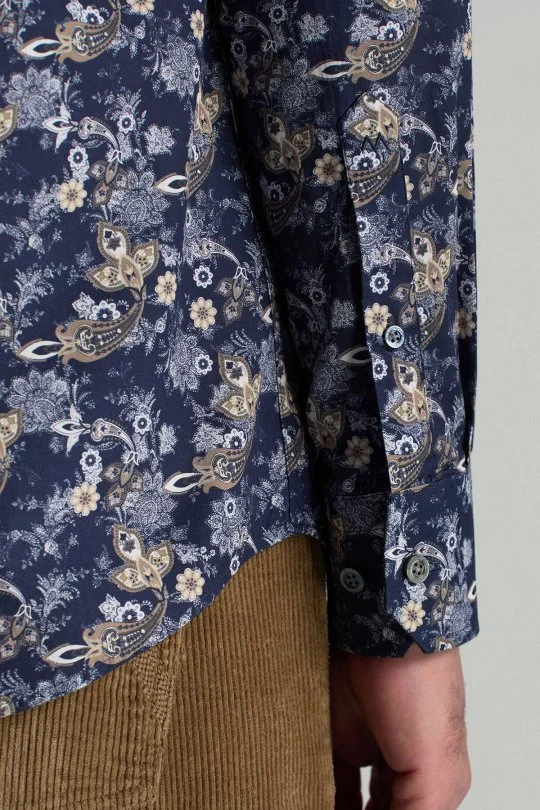 Hemington - Etnik Desen Gizli Düğme Lacivert Saf Pamuk Gömlek (3)