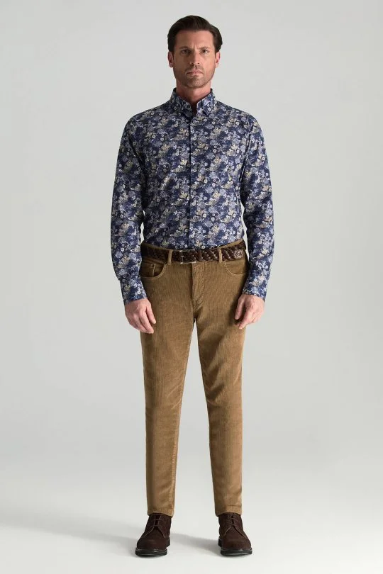 Hemington - Etnik Desen Gizli Düğme Lacivert Saf Pamuk Gömlek (1)