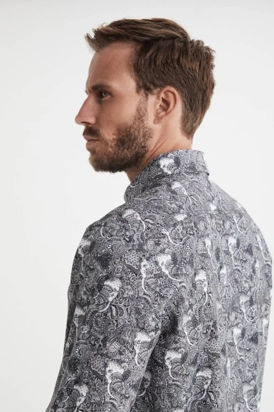 Hemington - Etnik Desen Saf Pamuk Gizli Düğme Siyah-Beyaz Gömlek (2)