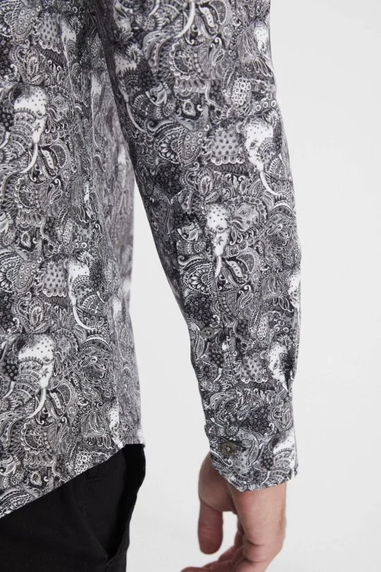 Hemington - Etnik Desen Saf Pamuk Gizli Düğme Siyah-Beyaz Gömlek (4)