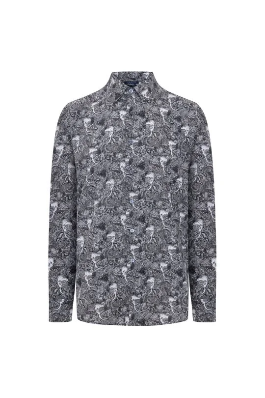 Hemington - Etnik Desen Saf Pamuk Gizli Düğme Siyah-Beyaz Gömlek (5)