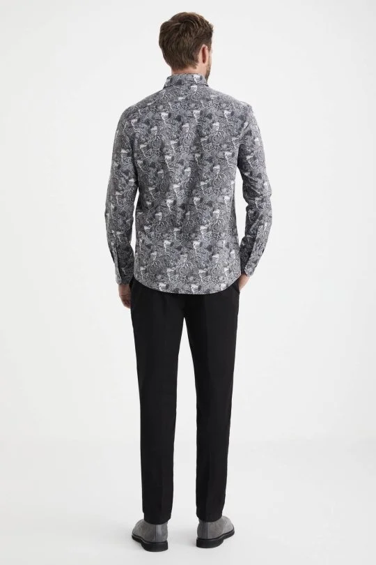 Hemington - Etnik Desen Saf Pamuk Gizli Düğme Siyah-Beyaz Gömlek (3)