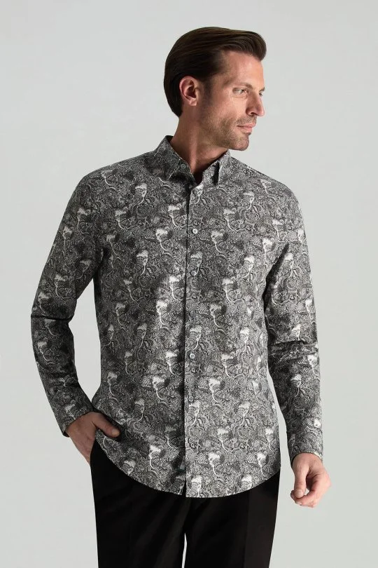 Hemington - Etnik Desen Saf Pamuk Gizli Düğme Siyah-Beyaz Gömlek