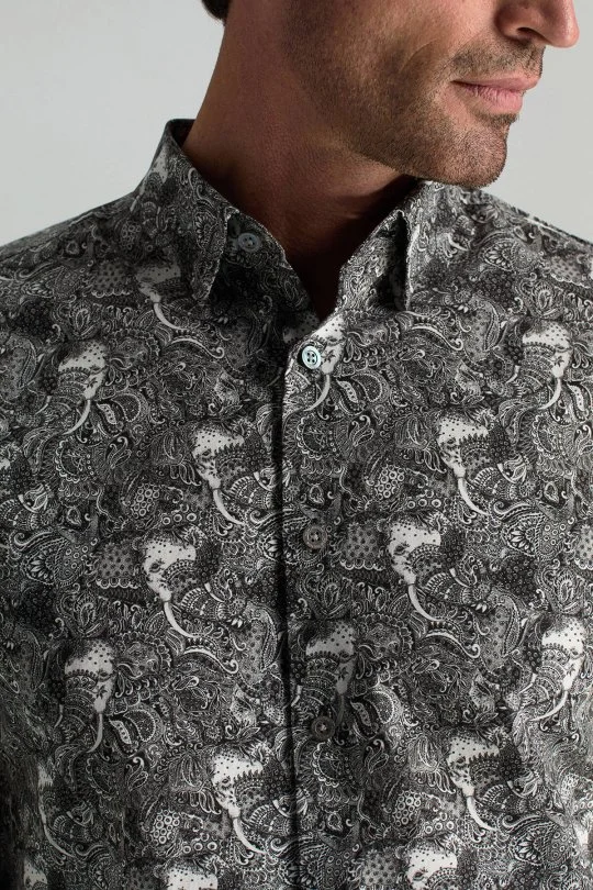 Hemington - Etnik Desen Saf Pamuk Gizli Düğme Siyah-Beyaz Gömlek (1)