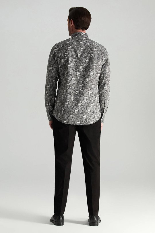 Etnik Desen Saf Pamuk Gizli Düğme Siyah-Beyaz Gömlek