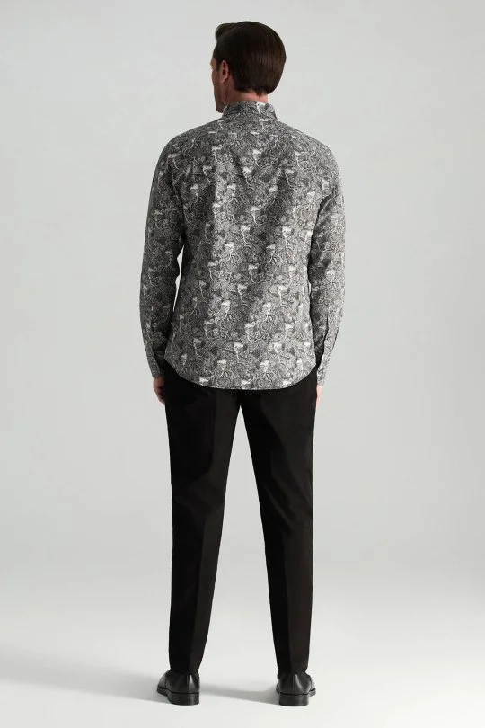 Hemington - Etnik Desen Saf Pamuk Gizli Düğme Siyah-Beyaz Gömlek (3)