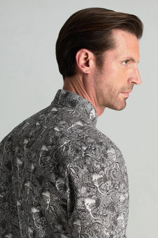 Hemington - Etnik Desen Saf Pamuk Gizli Düğme Siyah-Beyaz Gömlek (4)