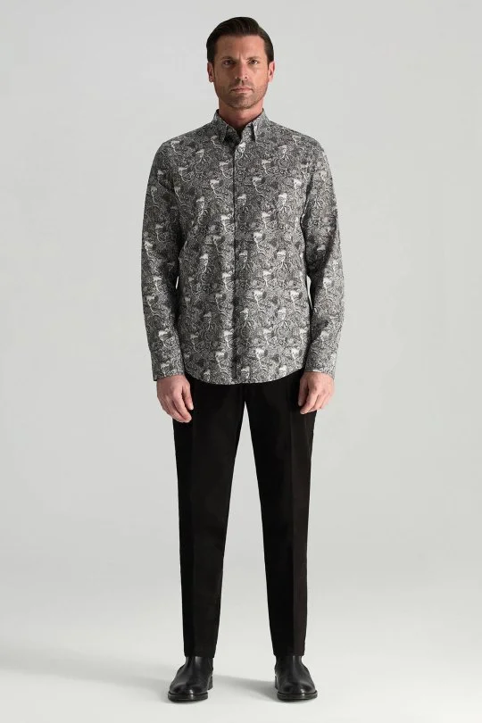 Hemington - Etnik Desen Saf Pamuk Gizli Düğme Siyah-Beyaz Gömlek (2)